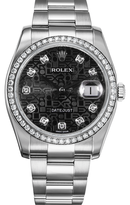 Rolex New Style Datejust Stainless Steel Factory Diamond Bezel and Black Anniversary Diamond Dial on Oyster Bracelet 116244