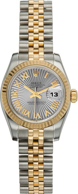 Rolex Womens New Style Two-Tone Datejust with Factory Silver Sunbeam Roman Dial 179173