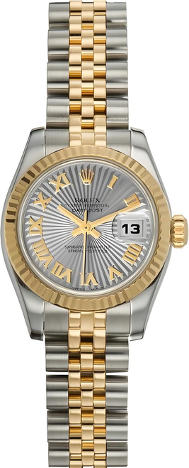 Rolex Womens New Style Two-Tone Datejust with Factory Silver Sunbeam Roman Dial 179173