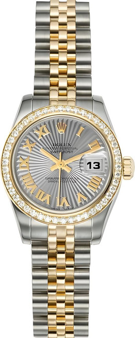 Rolex Womens New Style Two-Tone Datejust with Factory Diamond Bezel and Silver Sunbeam Roman Dial
