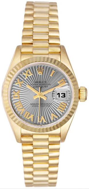 Rolex Women's President Yellow Gold Fluted Factory Silver Sunbeam Roman Dial Rolex Women's President Yellow Gold Fluted Factory Silver Sunbeam Roman Dial
