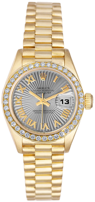 Rolex Women's President Yellow Gold Fluted Factory Diamond Bezel and Silver Sunbeam Roman Dial 69138