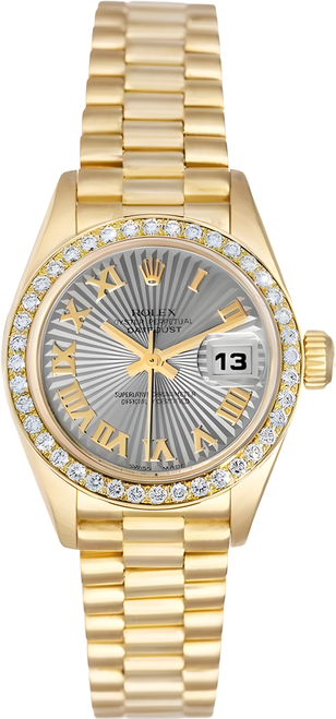 Rolex Women's President Yellow Gold Fluted Factory Diamond Bezel and Silver Sunbeam Roman Dial 69138