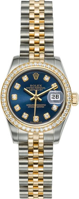 Rolex Women's New Style Two-Tone Datejust with Factory Diamond Bezel and Blue Diamond Dial 179383