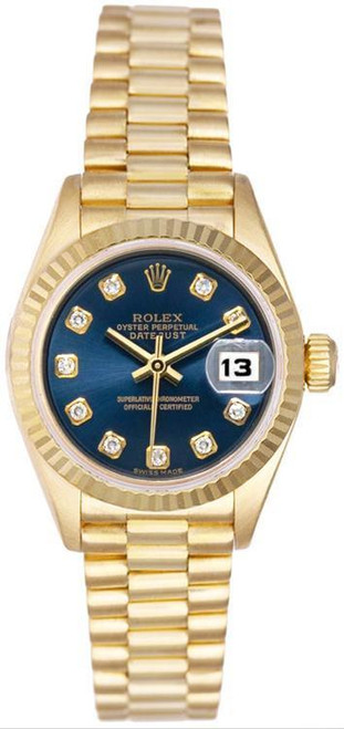 Rolex Women's President Yellow Gold Factory Blue Diamond Dial