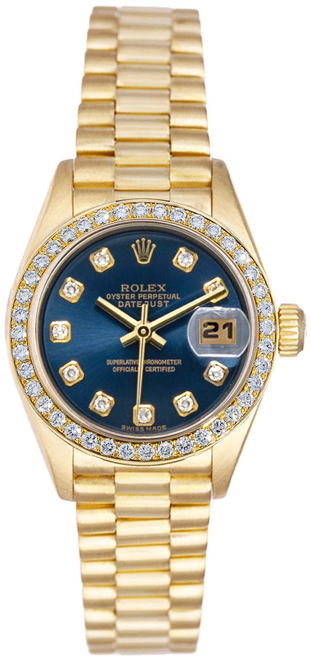 Rolex Women's President Yellow Gold Factory Diamond Bezel and Blue Diamond Dial 69138