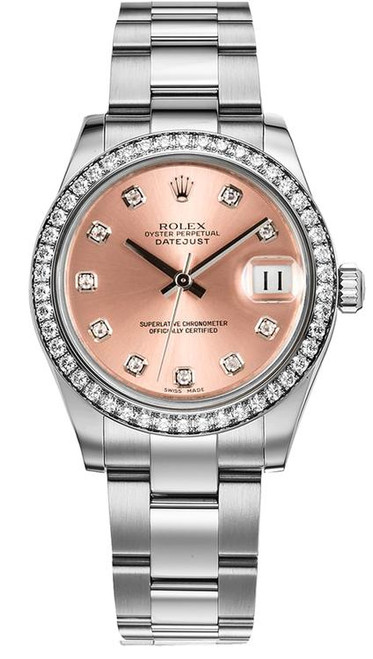 Rolex New Style Datejust Midsize Stainless Steel Factory Diamond Bezel and Pink Diamond Dial 178384 Oyster
