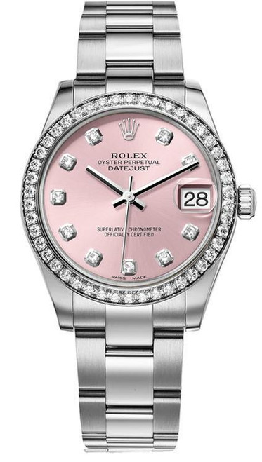 Rolex New Style Datejust Midsize Stainless Steel Factory Diamond Bezel and Pink Diamond Dial 178384 Oyster