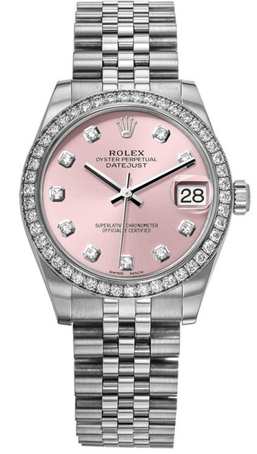 Rolex New Style Datejust Midsize Stainless Steel Factory Diamond Bezel and Pink Diamond Dial 178384 Jubilee
