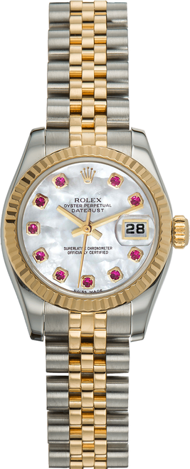 Rolex Women's New Style Two-Tone Datejust with Factory Mother of Pearl Ruby Dial