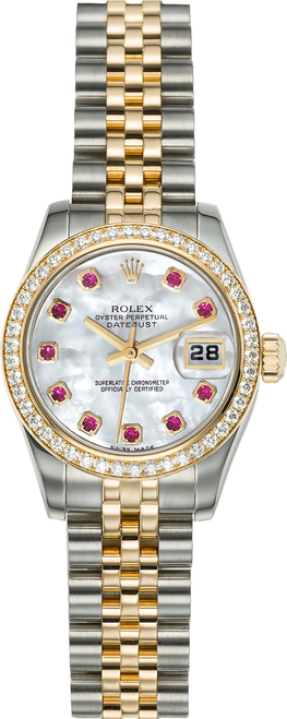 Rolex Women's New Style Two-Tone Datejust with Factory Diamond Bezel and Mother of Pearl Ruby Dial