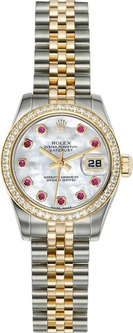 Rolex Women's New Style Two-Tone Datejust with Factory Diamond Bezel and Mother of Pearl Ruby Dial 179383
