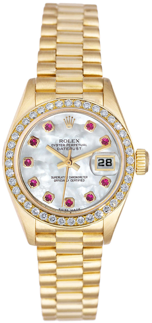 Rolex Women's President Yellow Gold Factory Diamond Bezel and Mother of Pearl Ruby 69138