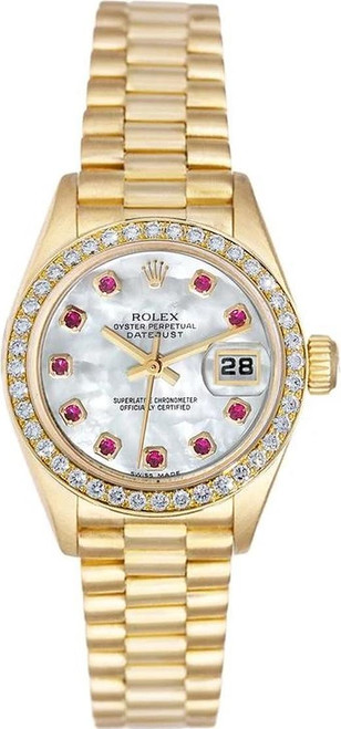 Rolex Women's President Yellow Gold Factory Diamond Bezel and Mother of Pearl Ruby 69138