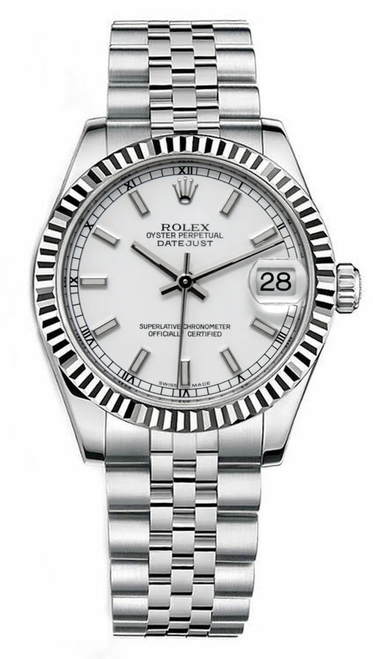 Rolex New Style Datejust Midsize Stainless Steel White Index Dial 178274 Jubilee