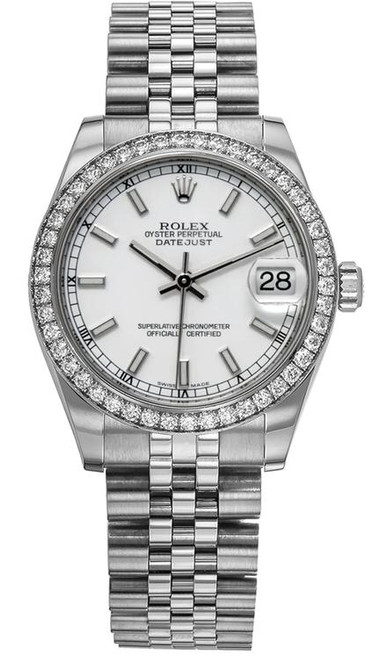 Rolex New Style Datejust Midsize Stainless Steel Factory Diamond Bezel and White Index Dial 178384 Jubilee Rolex New Style Datejust Midsize Stainless Steel Factory Diamond Bezel and White Index Dial 178384 Jubilee