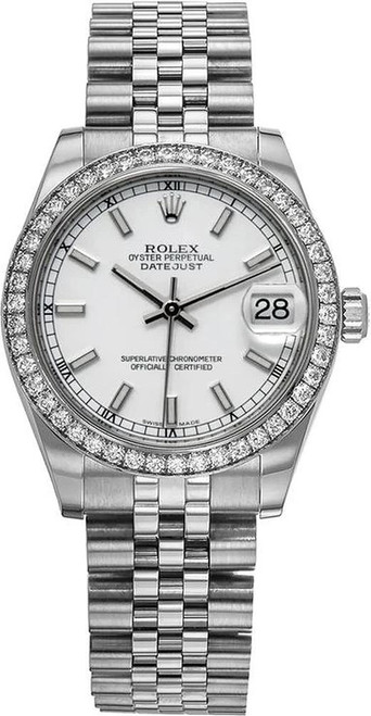 Rolex New Style Datejust Midsize Stainless Steel Factory Diamond Bezel and White Index Dial 178384 Jubilee