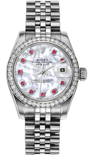 Rolex Women's New Style Steel Datejust with Factory Diamond Bezel and Mother of Pearl Ruby Dial 179384