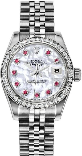 Rolex Women's New Style Steel Datejust with Factory Diamond Bezel and Mother of Pearl Ruby Dial 179384