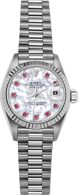 Rolex Women's White Gold President with Factory Mother of Pearl Ruby Dial  69179