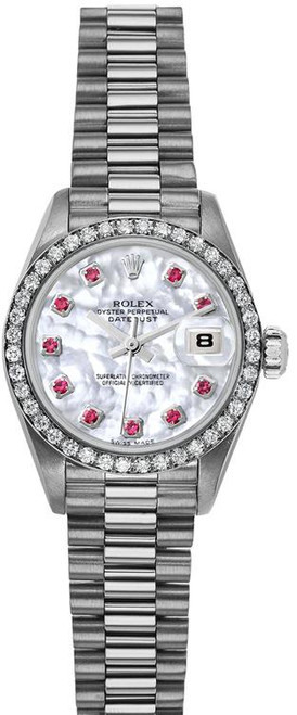 Rolex Women's White Gold President with Factory Diamond Bezel and Mother of Pearl Ruby Dial 69139 Rolex Women's White Gold President with Factory Diamond Bezel and Mother of Pearl Ruby Dial 69139