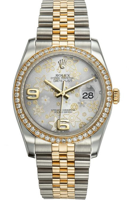 Rolex New Style Datejust Two Tone Factory Diamond Bezel and Silver Floral Dial 116243 Rolex New Style Datejust Two Tone Factory Diamond Bezel and Silver Floral Dial 116243