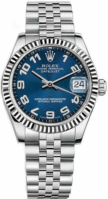 Rolex New Style Datejust Midsize Stainless Steel Blue Concentric Arabic Dial 178274 Jubilee