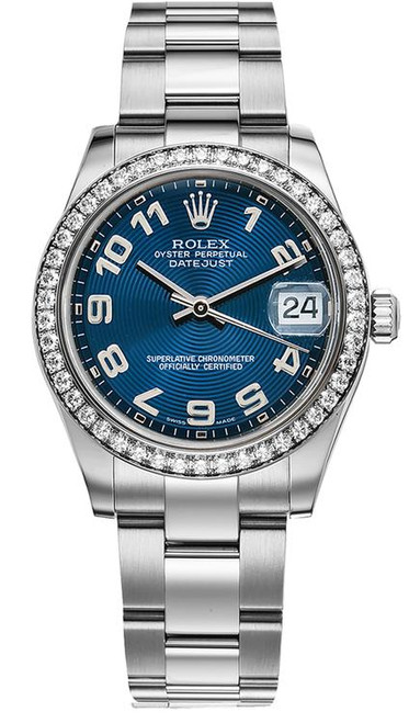 Rolex Datejust Midsize Stainless Steel Factory Diamond Bezel and Blue Concentric Arabic Dial 178384 Oyster