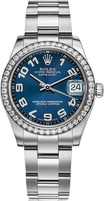 Rolex Datejust Midsize Stainless Steel Factory Diamond Bezel and Blue Concentric Arabic Dial 178384 Oyster