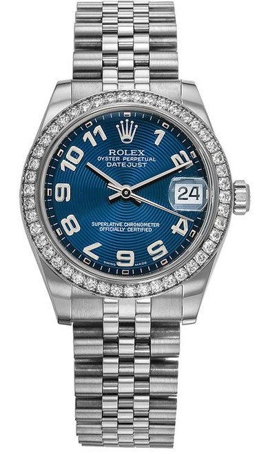 Rolex New Style Datejust Midsize Stainless Steel Factory Diamond Bezel and Blue Concentric Arabic Dial 178384 Jubilee Rolex New Style Datejust Midsize Stainless Steel Factory Diamond Bezel and Blue Concentric Arabic Dial 178384 Jubilee