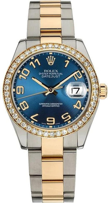 Rolex New Style Datejust Midsize Two Tone Factory Diamond Bezel & Blue Concentric Arabic Dial on Oyster Bracelet P178383
