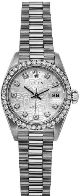 Rolex Women's White Gold President with Factory Diamond Bezel and Silver Anniversary Diamond Dial 69139