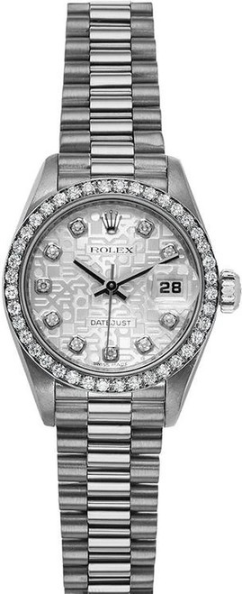 Rolex Women's White Gold President with Factory Diamond Bezel and Silver Anniversary Diamond Dial 69139