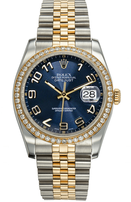 Rolex New Style Datejust Two Tone Factory Diamond Bezel and Blue Arabic Concentric 116243