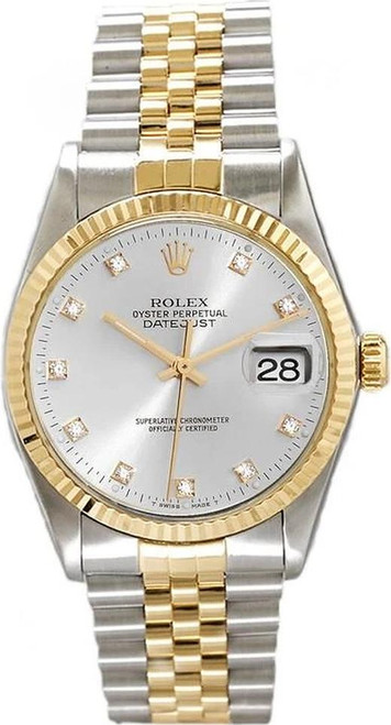 Rolex Men's Datejust Two Tone Fluted Factory Silver Diamond Dial