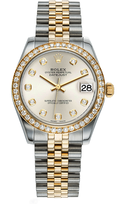 Rolex New Style Datejust Midsize Two Tone Factory Diamond Bezel & Silver Diamond Dial on Jubilee Bracelet 178383