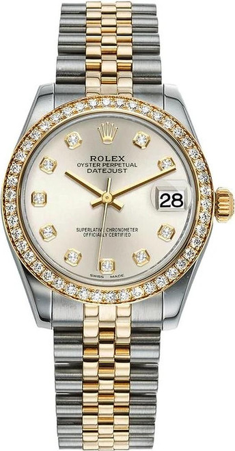Rolex New Style Datejust Midsize Two Tone Factory Diamond Bezel & Silver Diamond Dial on Jubilee Bracelet 178383