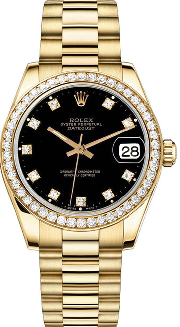 Rolex Women's President Midsize Factory Diamond Bezel on Black Diamond Dial 68288 Rolex Women's President Midsize Factory Diamond Bezel on Black Diamond Dial 68288