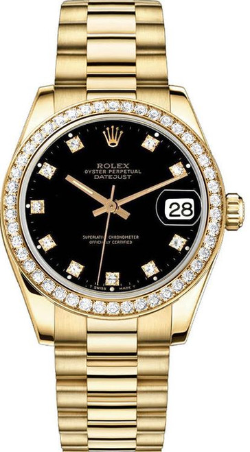 Rolex Women's President Midsize Factory Diamond Bezel on Black Diamond Dial 68288