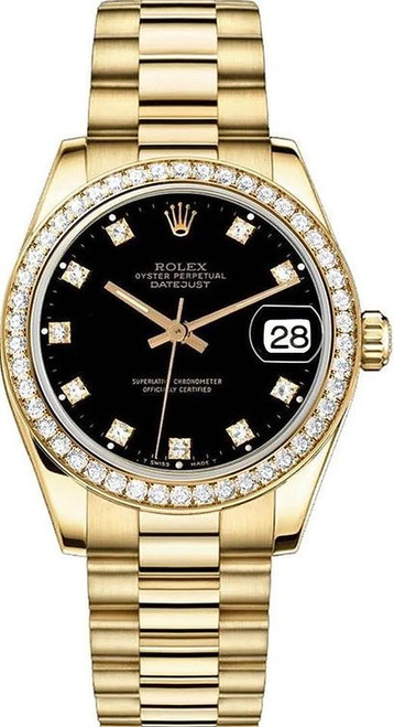 Rolex Women's President Midsize Factory Diamond Bezel on Black Diamond Dial 68288