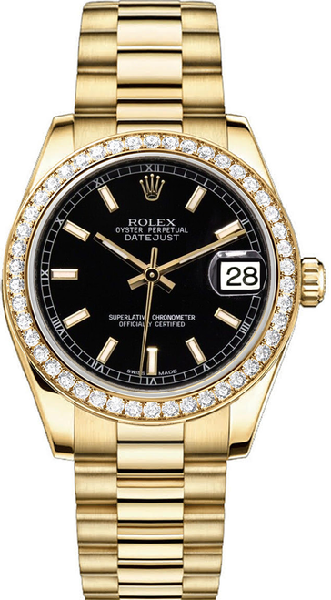 Rolex Women's President Midsize Factory Diamond Bezel on Black Index Dial 68288 Rolex Women's President Midsize Factory Diamond Bezel on Black Index Dial 68288