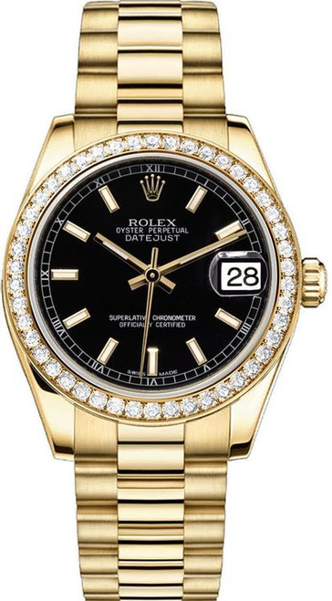Rolex Women's President Midsize Factory Diamond Bezel on Black Index Dial 68288 Rolex Women's President Midsize Factory Diamond Bezel on Black Index Dial 68288