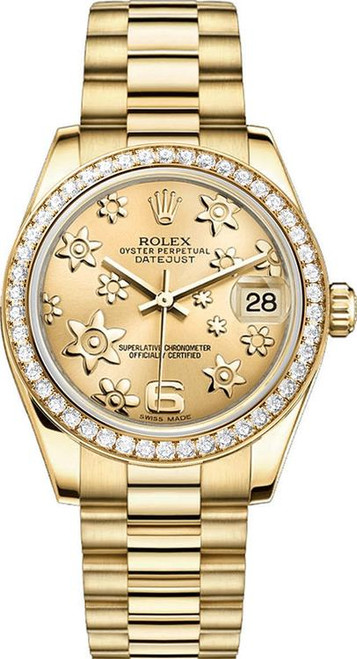 Rolex Women's President Midsize Factory Diamond Bezel on Champagne Flower Dial 68288