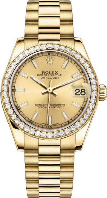 Rolex Women's President Midsize Factory Diamond Bezel on Champagne Index Dial 68288