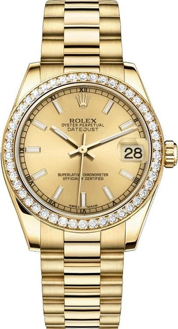Rolex Women's President Midsize Factory Diamond Bezel on Champagne Index Dial 68288