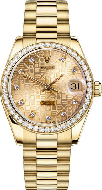 Rolex Women's President Midsize Factory Diamond Bezel on Champagne Anniversary Diamond Dial 68288