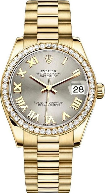 Rolex Women's President Midsize Factory Diamond Bezel on Silver Roman Dial 68288