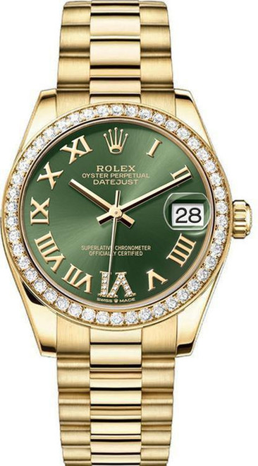 Rolex Women's President Midsize Factory Diamond Bezel on Green Roman Dial 68288
