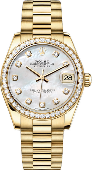 Rolex Women's President Midsize Factory Diamond Bezel on MOP Diamond Dial 68288