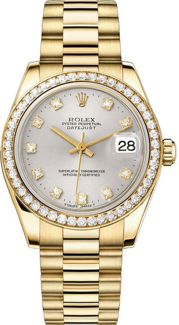 Rolex Women's President Midsize Factory Diamond Bezel on Silver Diamond Dial 68288